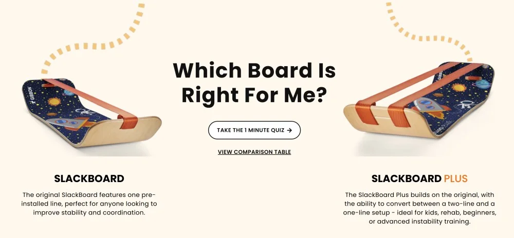 Gibbon USA product quiz page showing 1-minute slackboard finder with progress bar”