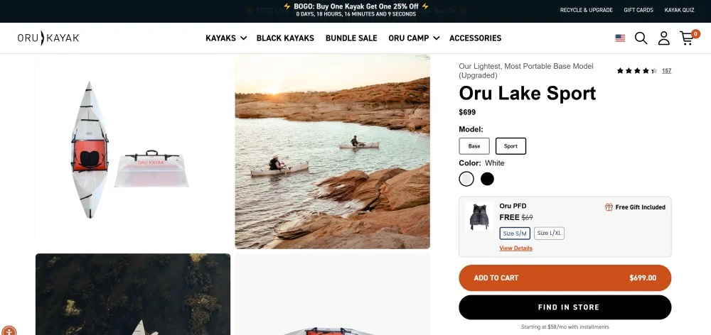 Oru Kayak product page showing automatically added free gift in cart as surprise reward