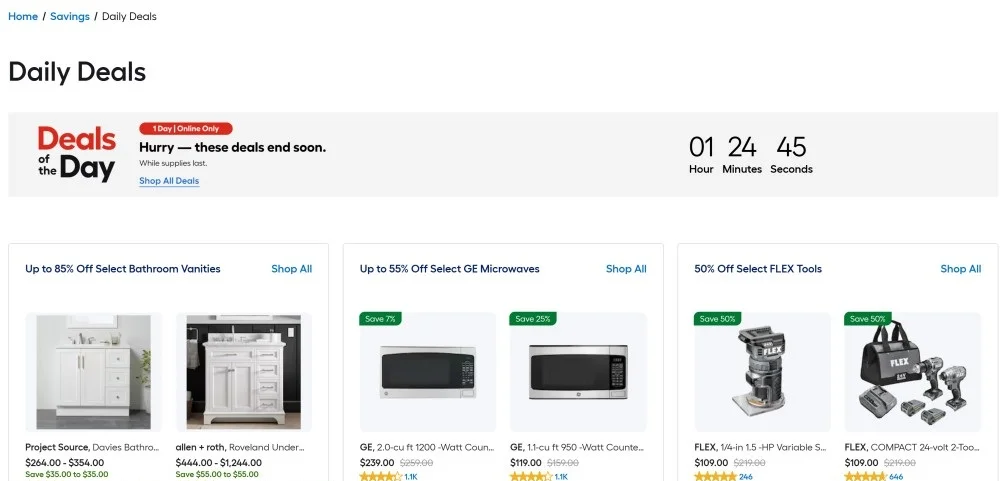 Lowe’s daily deals page with countdown timer and rotating product discounts