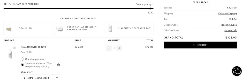 Dr. Barbara Sturm checkout page showing free gift selection unlocked at order threshold