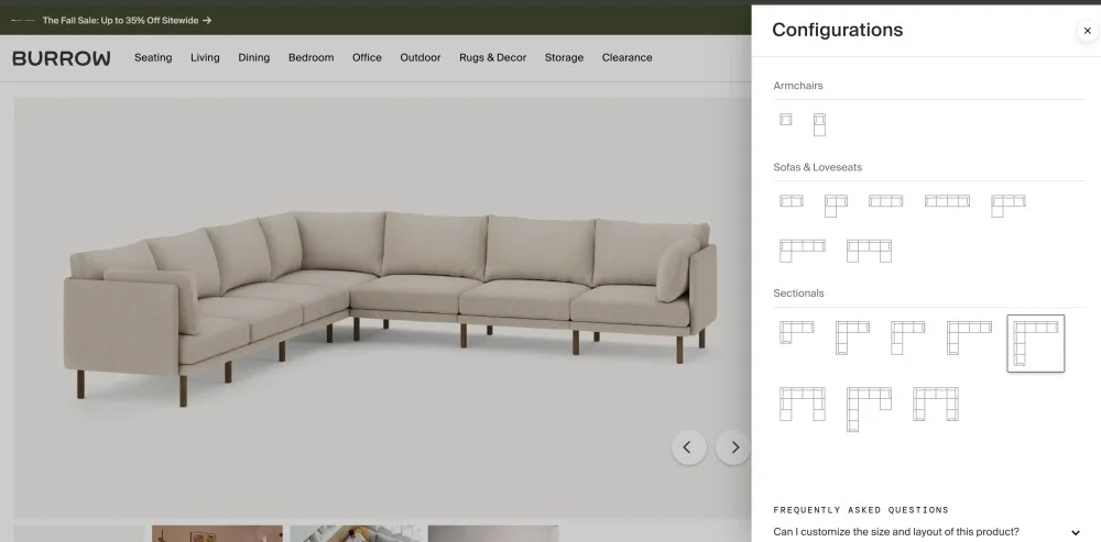 Burrow modular furniture configurator showing interactive variant selection with live preview