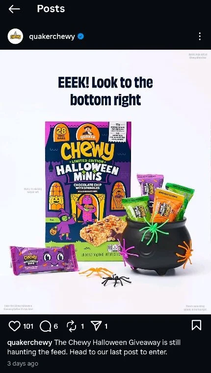 Quaker Chewy Instagram post hiding secret Halloween giveaway message in image