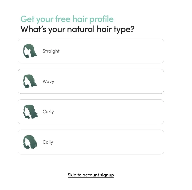 Hers personalized quiz interface guiding shoppers through visual onboarding experience