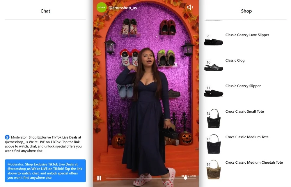 Crocs livestream shopping interface showing real-time order counter and exclusive discount teaser
