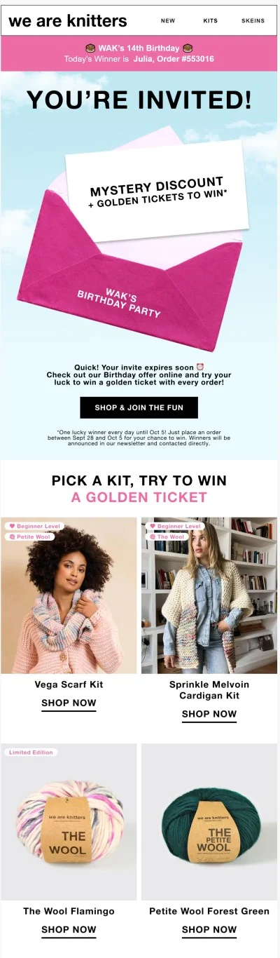 We Are Knitters packaging showing golden ticket insert for mystery prize giveaway