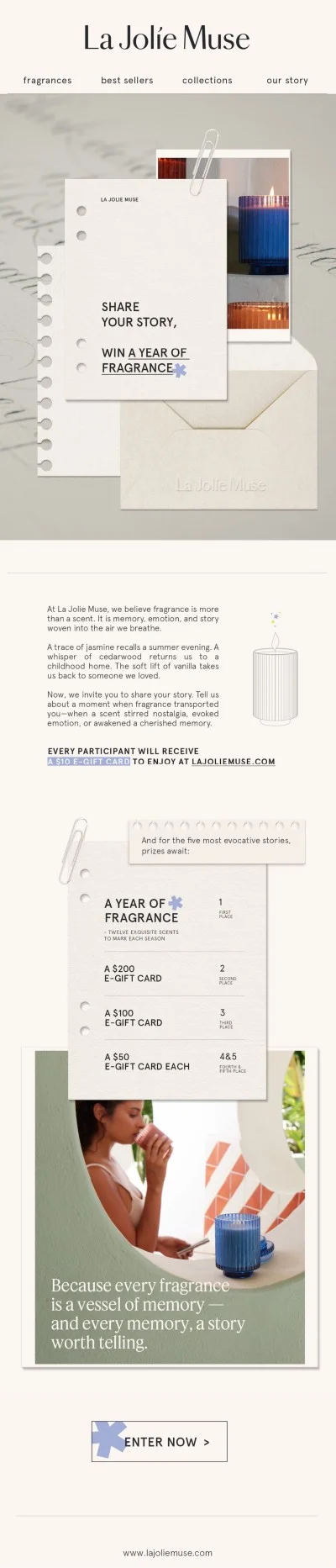 La Jolie Muse review request banner offering $10 gift card and grand prize for a year of free fragrance