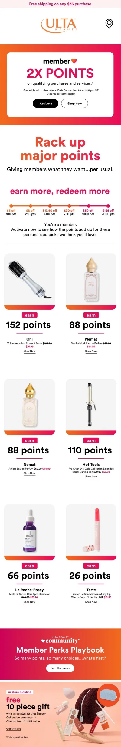 Ulta Beauty winback email showing dynamic points update and personalized reactivation message