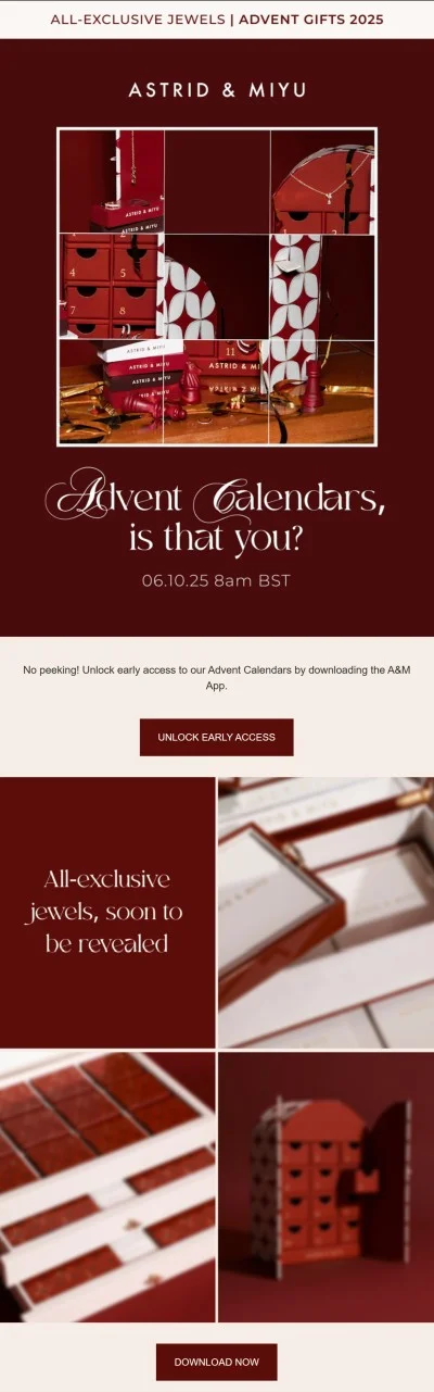 Astrid & Miyu holiday-themed Advent Calendar email promoting early access gamification