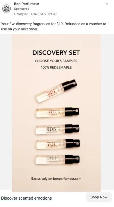 Bundle sale promotional ad example from Bon Parfumeur, letting shoppers choose any 5 fragrances as part of a bundle