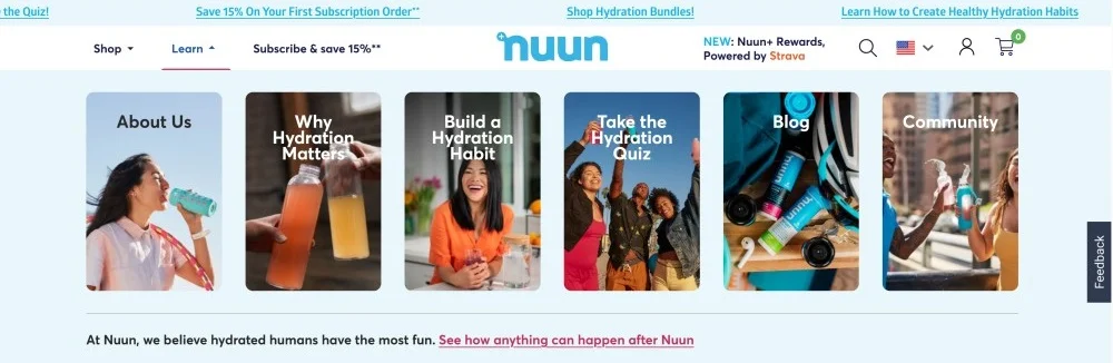 Nuun Hydration building trust in the navigation with blog and brand content