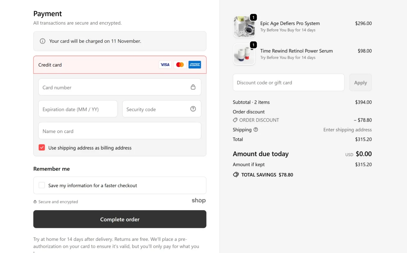 Exponent Beauty offering trial with $0 on checkout, for shoppers only to be charged after the trial period