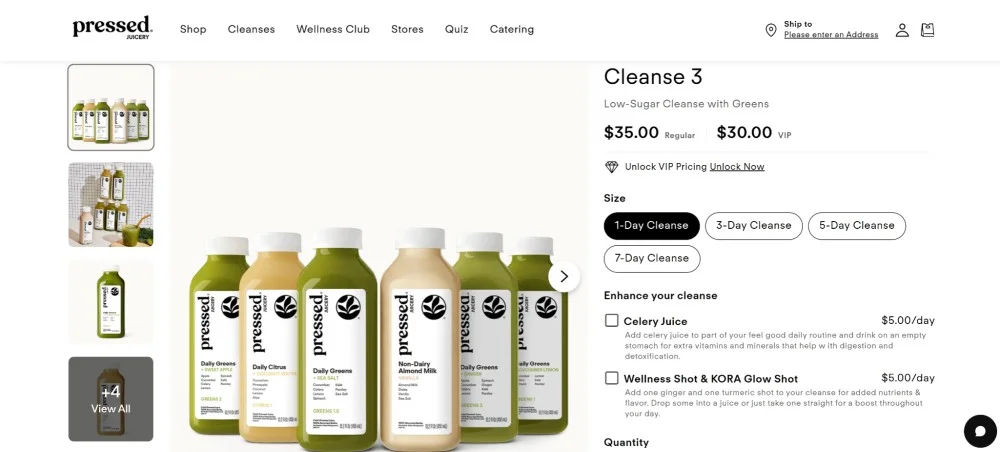Pressed Juicery cross-sells through down-sells, making buys feel like an upgrade