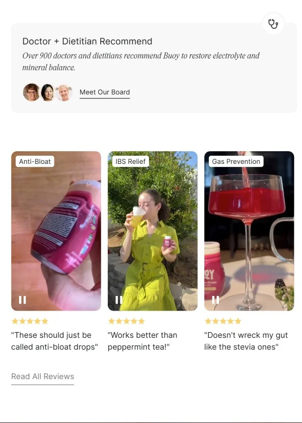 Buoy's community proof tagged with use-cases and symptoms, plus some clinical proof as well (notice the 'Doctor + Dietitian Recommended' section)