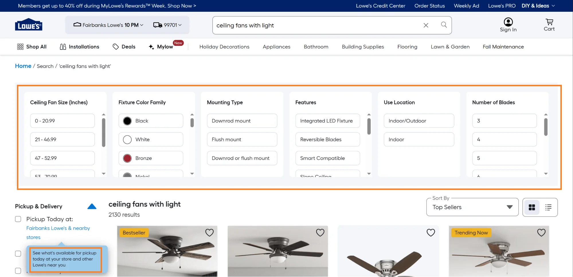 Lowe’s faceted navigation filters showing real-time product updates and multiple selection options.