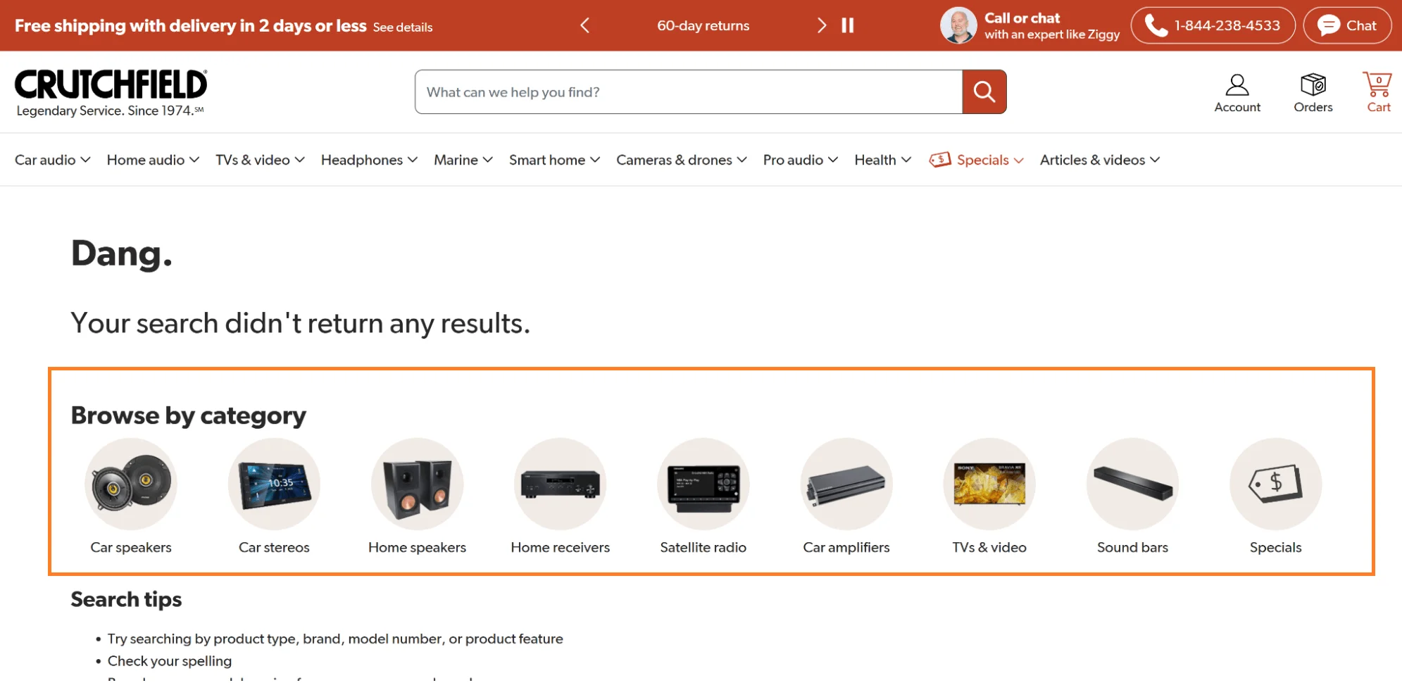 Crutchfield 404 error page with navigation links to top categories and friendly redirect options.