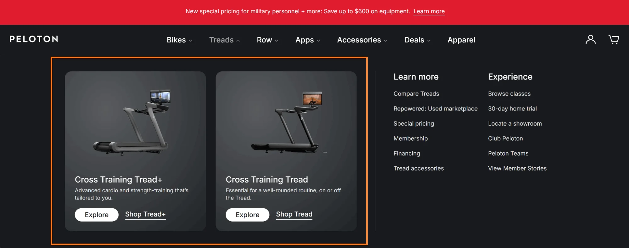 Peloton dropdown navigation showing product previews, services, and quick-view options.