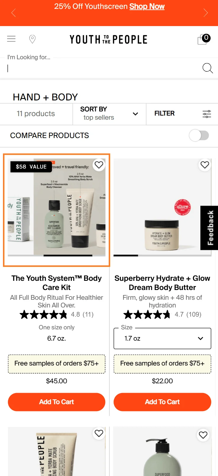 Youth to the People product listing with inline quick view and add-to-cart features.