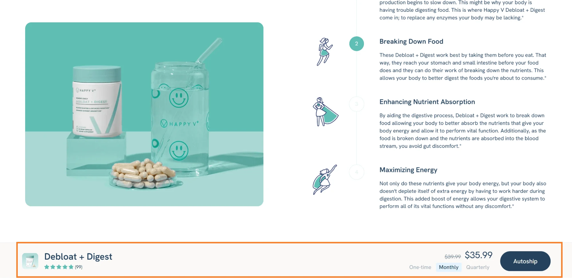 My Happy V sticky bottom bar navigation showing price, reviews, and add-to-cart button.