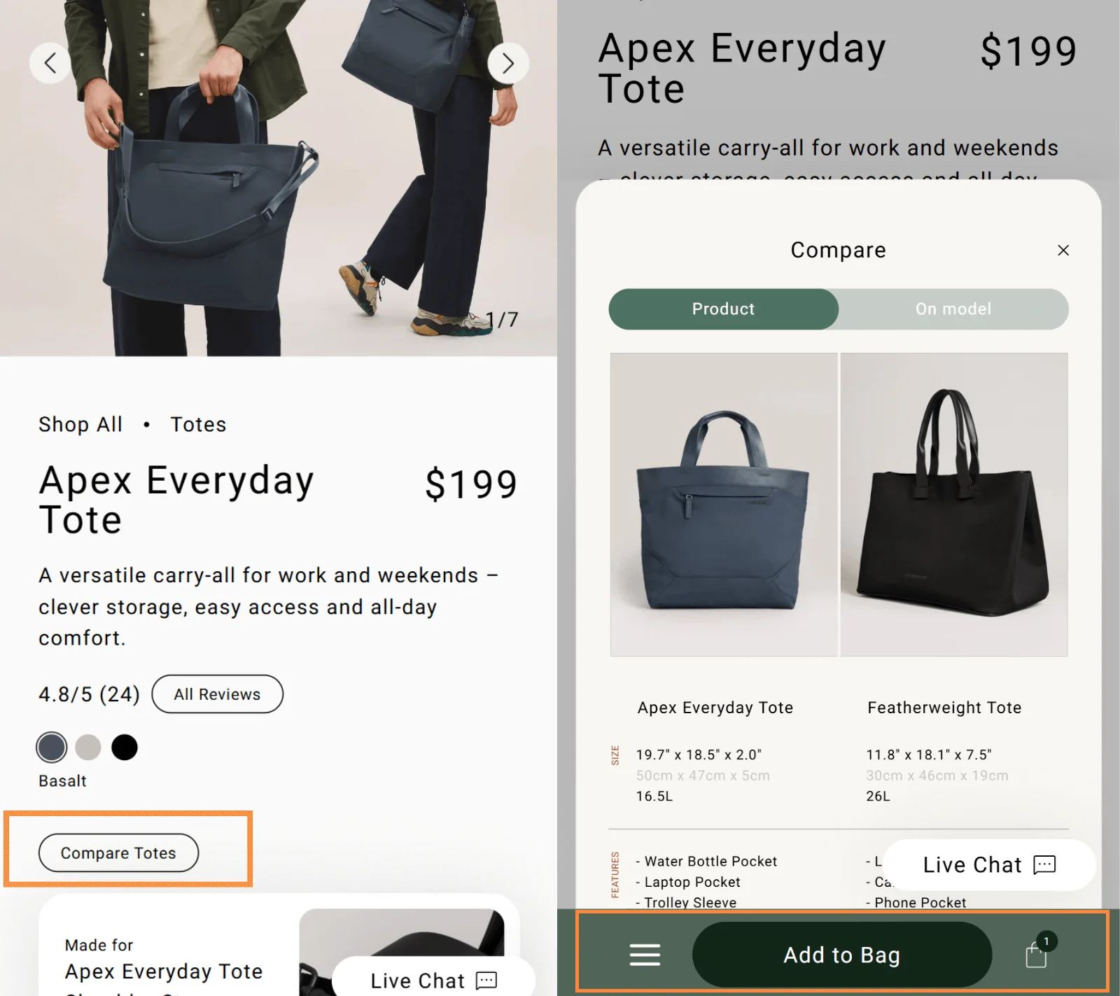Troubadour mobile comparison navigation modal with selectable product tabs.