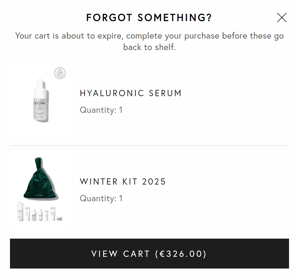 Dr. Barbara Sturm pop-up navigation offering product reminders and category links mid-scroll.