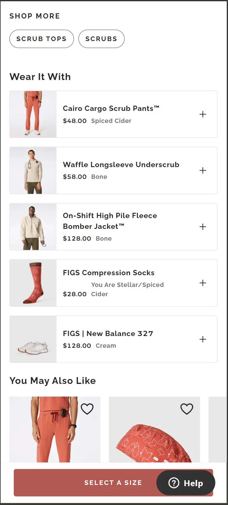Figs related product navigation with ‘Shop More’ and ‘Wear it With’ recommendations.