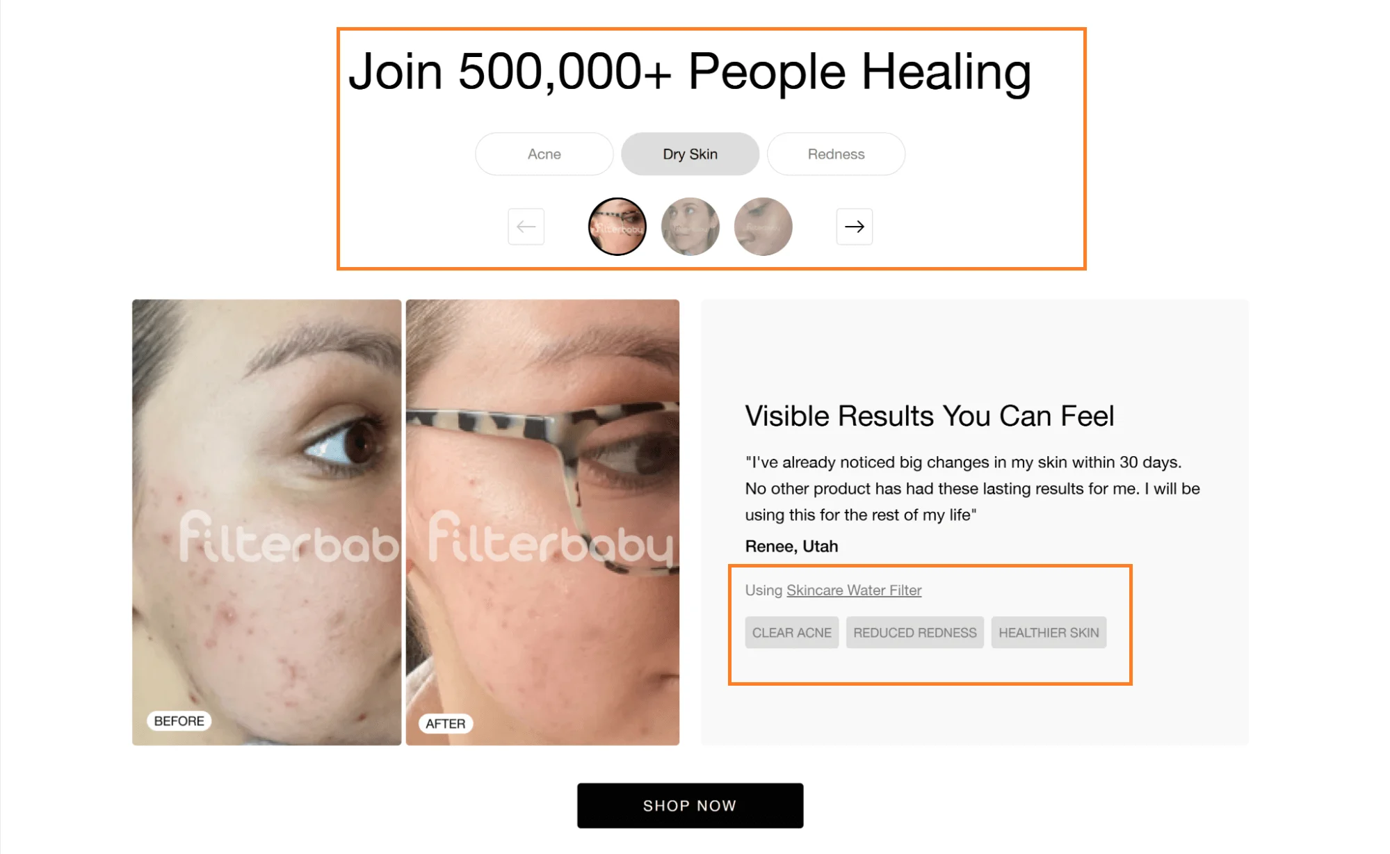 Filterbaby review section with filter navigation by skin concerns and rating.