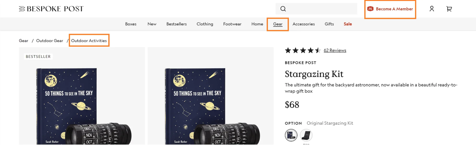 Color-coded navigation bar on Bespoke Post showing active store section for better shopper orientation