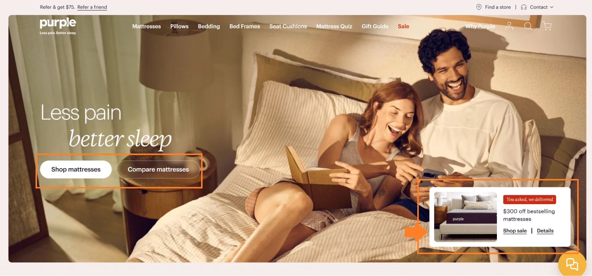 Purple’s homepage banner guiding shoppers to shop or compare mattresses right from the first fold