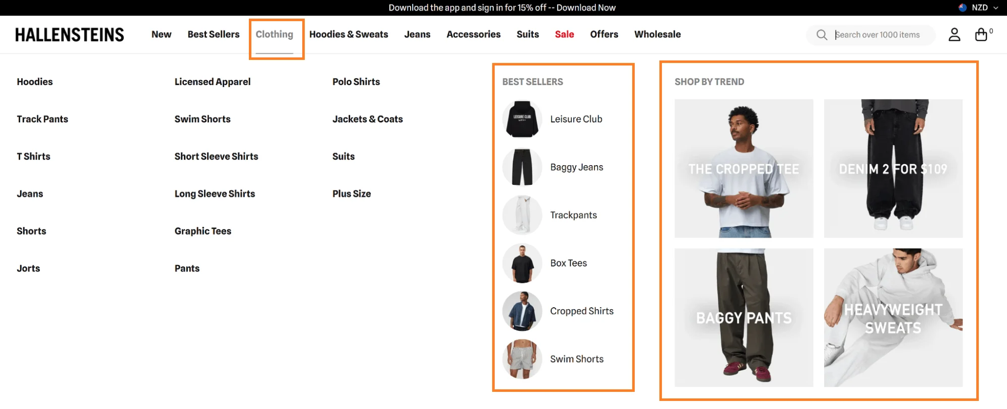 Hallensteins shop-by-trend dropdown navigation featuring trending looks and best-selling styles