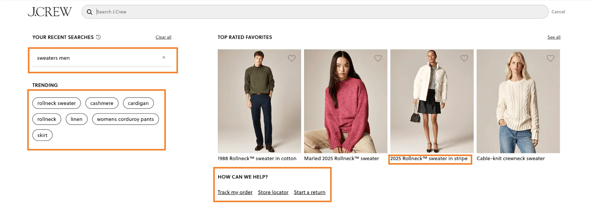 J.Crew homepage showing recently viewed products and trending items within the navigation bar