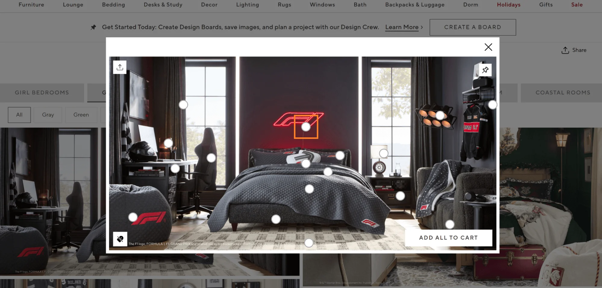 Clickable inspiration image navigation on Pottery Barn Dorm leading shoppers to bedding and décor