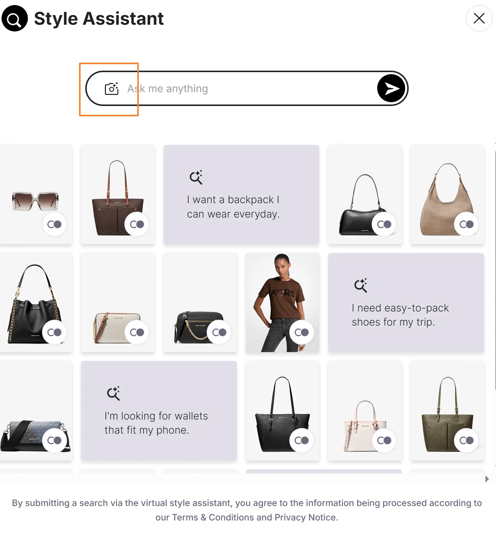 Michael Kors AI live chat navigation showing trending paths and image-based product suggestions