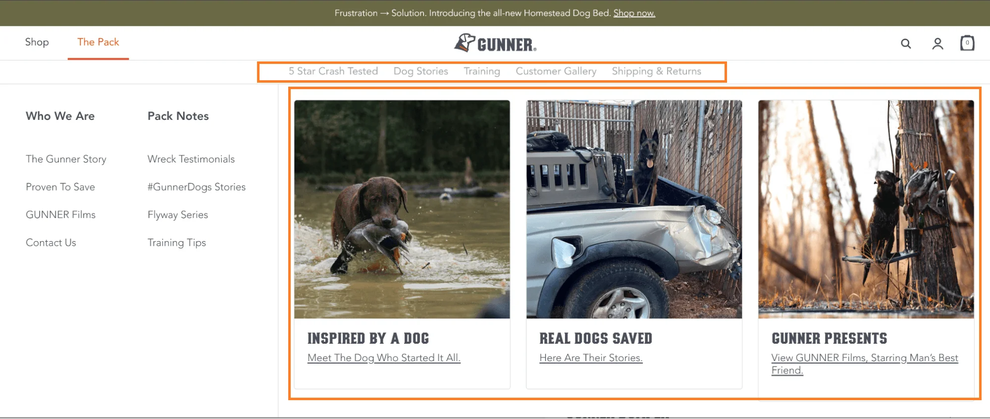 Gunner brand content navigation with dual tabs for shop and community stories