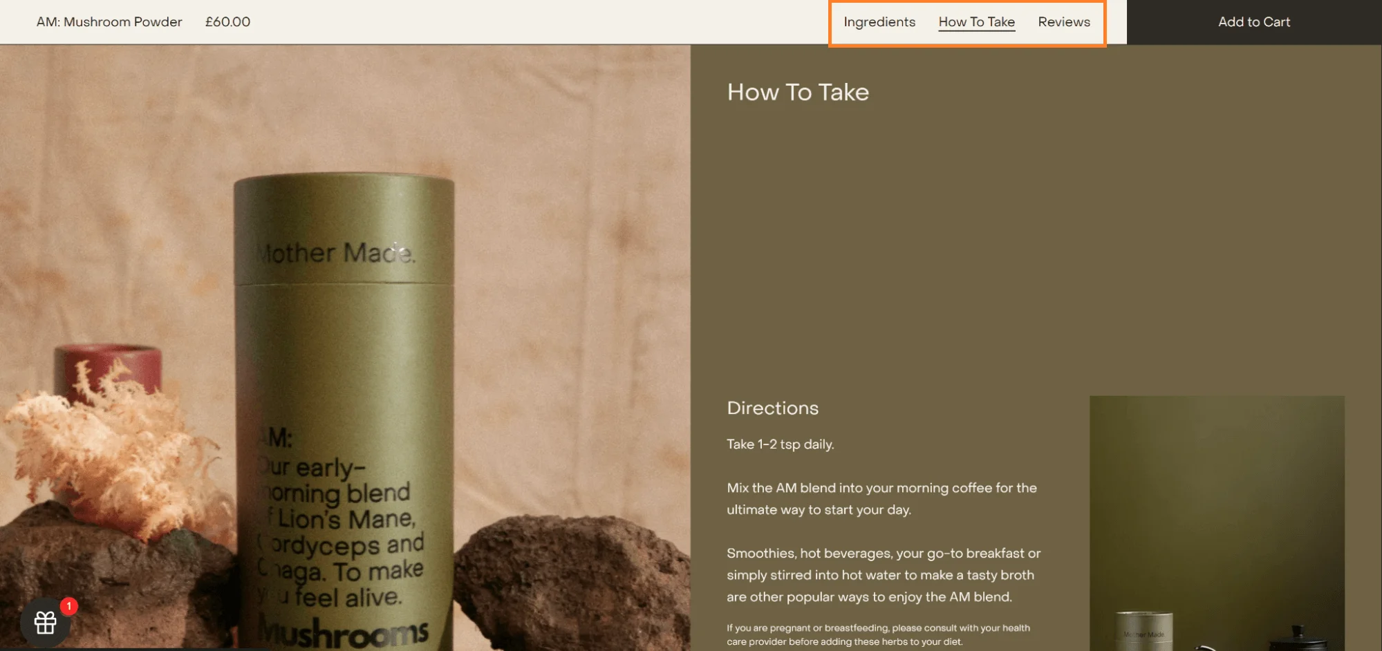 Mother Made in-product page navigation with sticky floating bar for quick section jumps