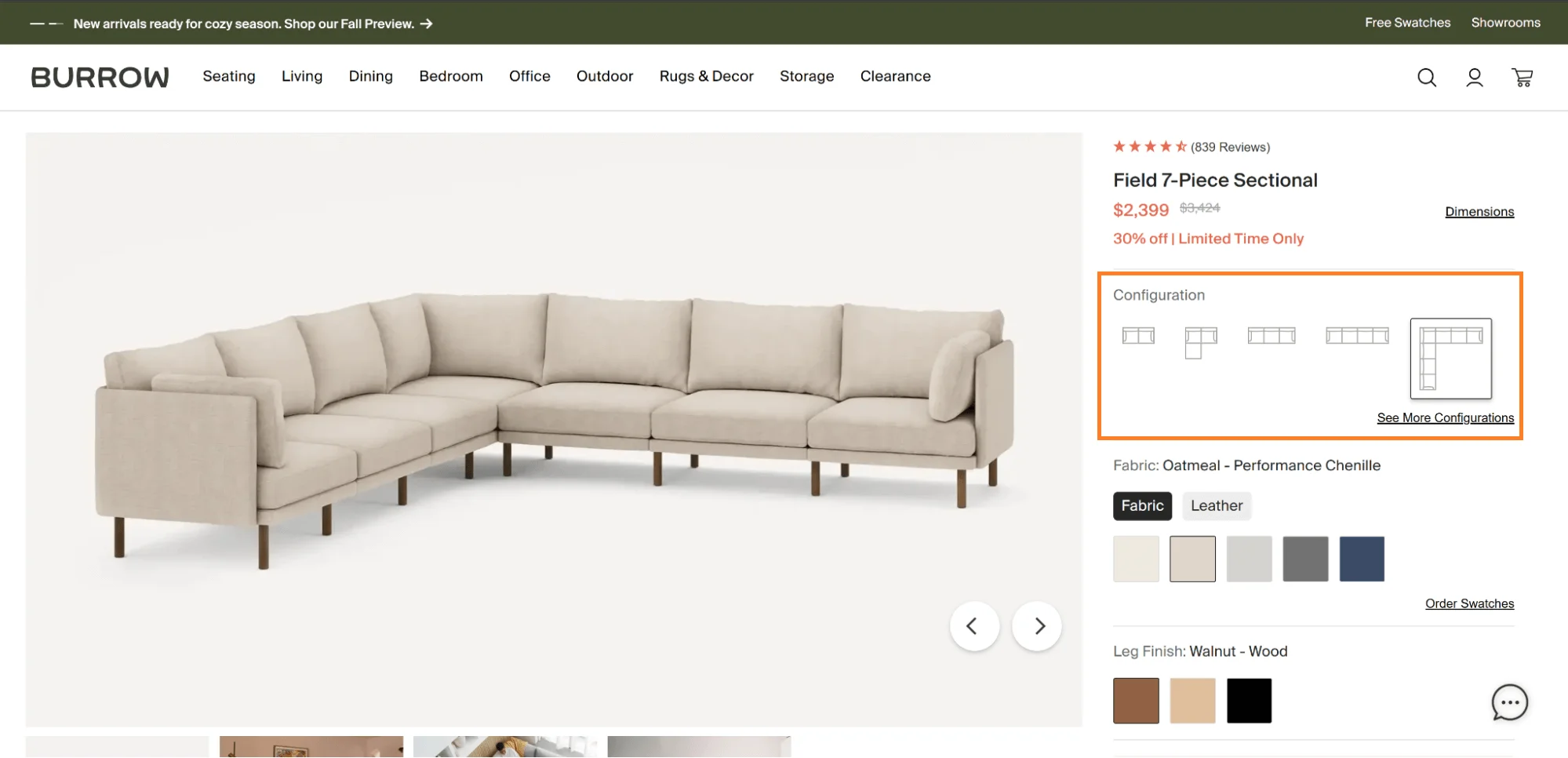 Burrow product variant navigation showing configuration options and live image updates.