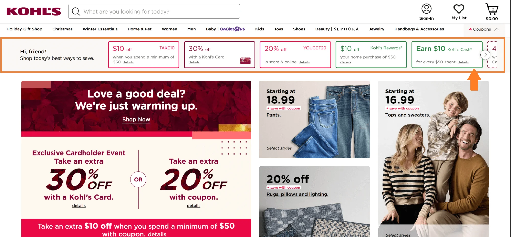 Kohl’s navigation bar featuring ongoing deals, promo codes, and sales offers