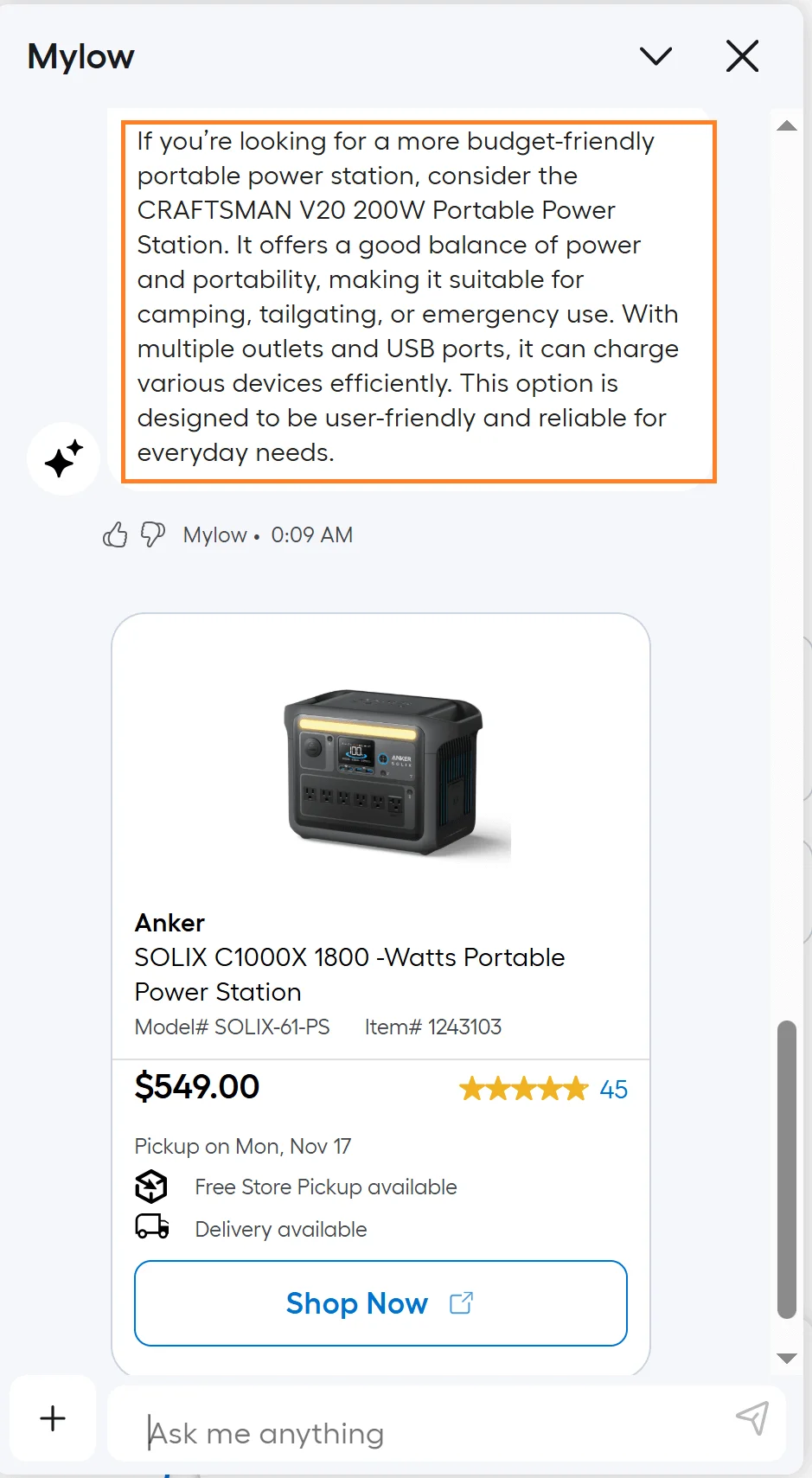 Lowe’s AI live chat upsell that diagnoses project intent and recommends compatible upgrades and bundles in conversation
