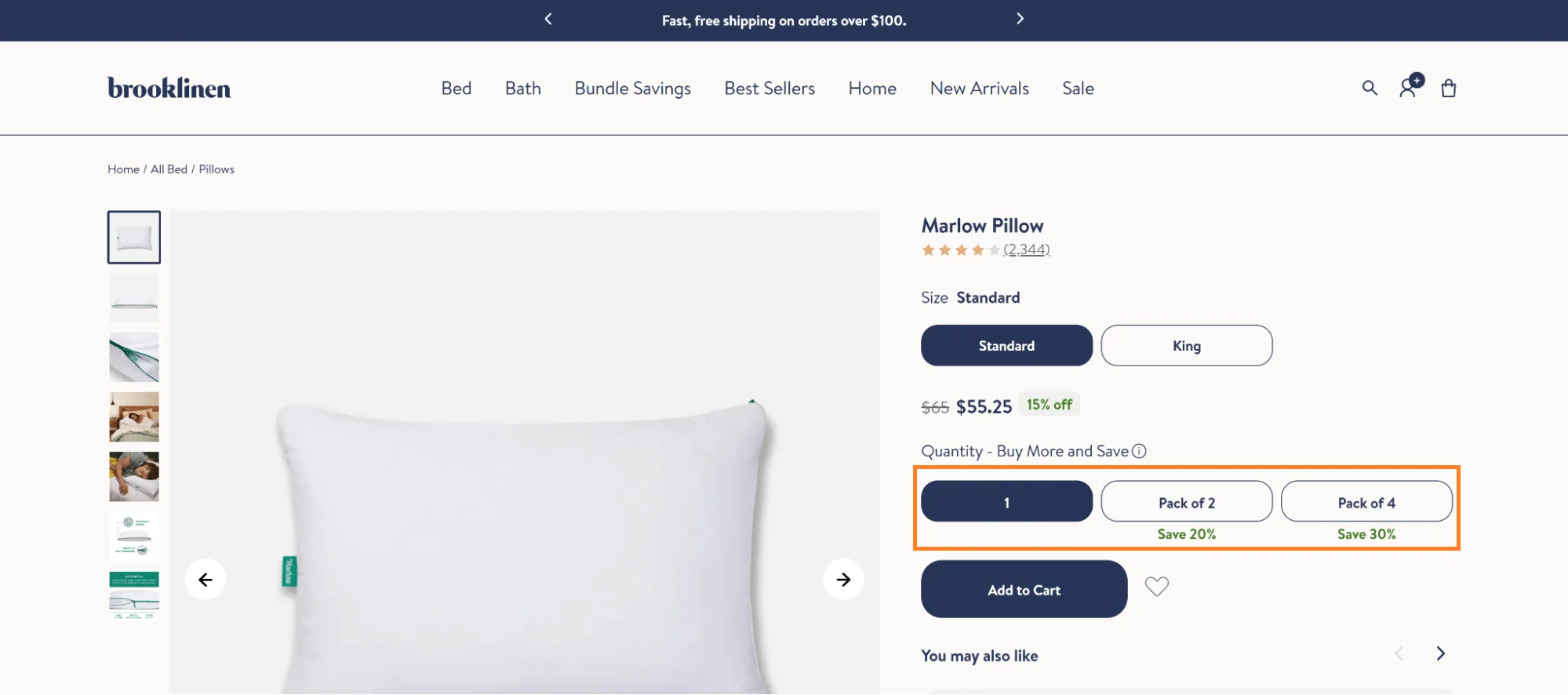 Brooklinen tiered discounts on quantity upsell demonstrating bulk pricing and subscription commitment incentives