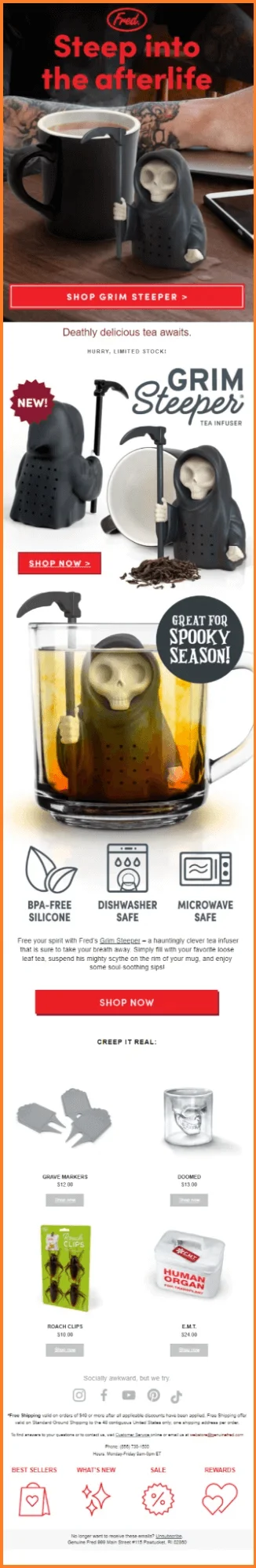 Fred single-hero seasonal upsell (Halloween) that drives focus to one product and orbits a micro-collection.