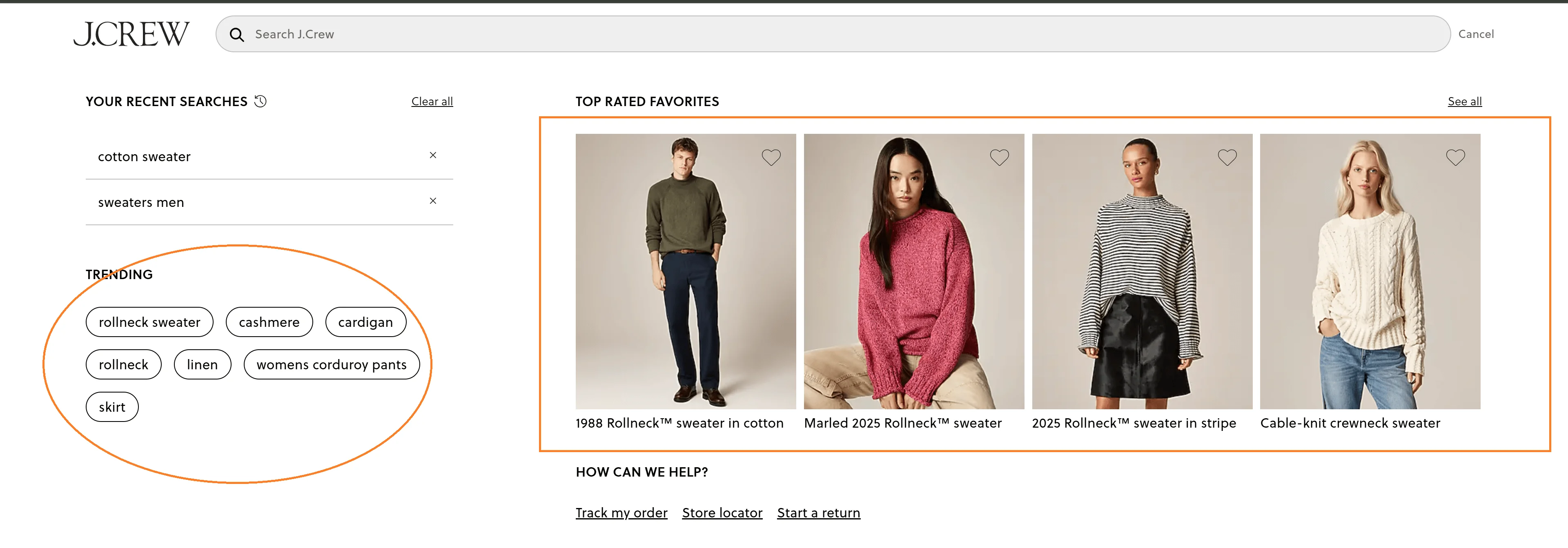 J.Crew personalized cross-sells within site search showing related subcategories and material-based suggestions.