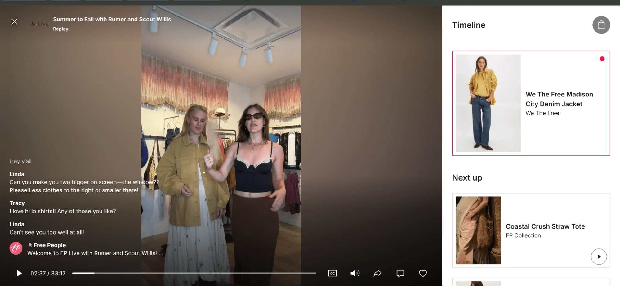 Free People livestream cross-sell showing live on-screen shopping moments that convert mid-funnel viewers.