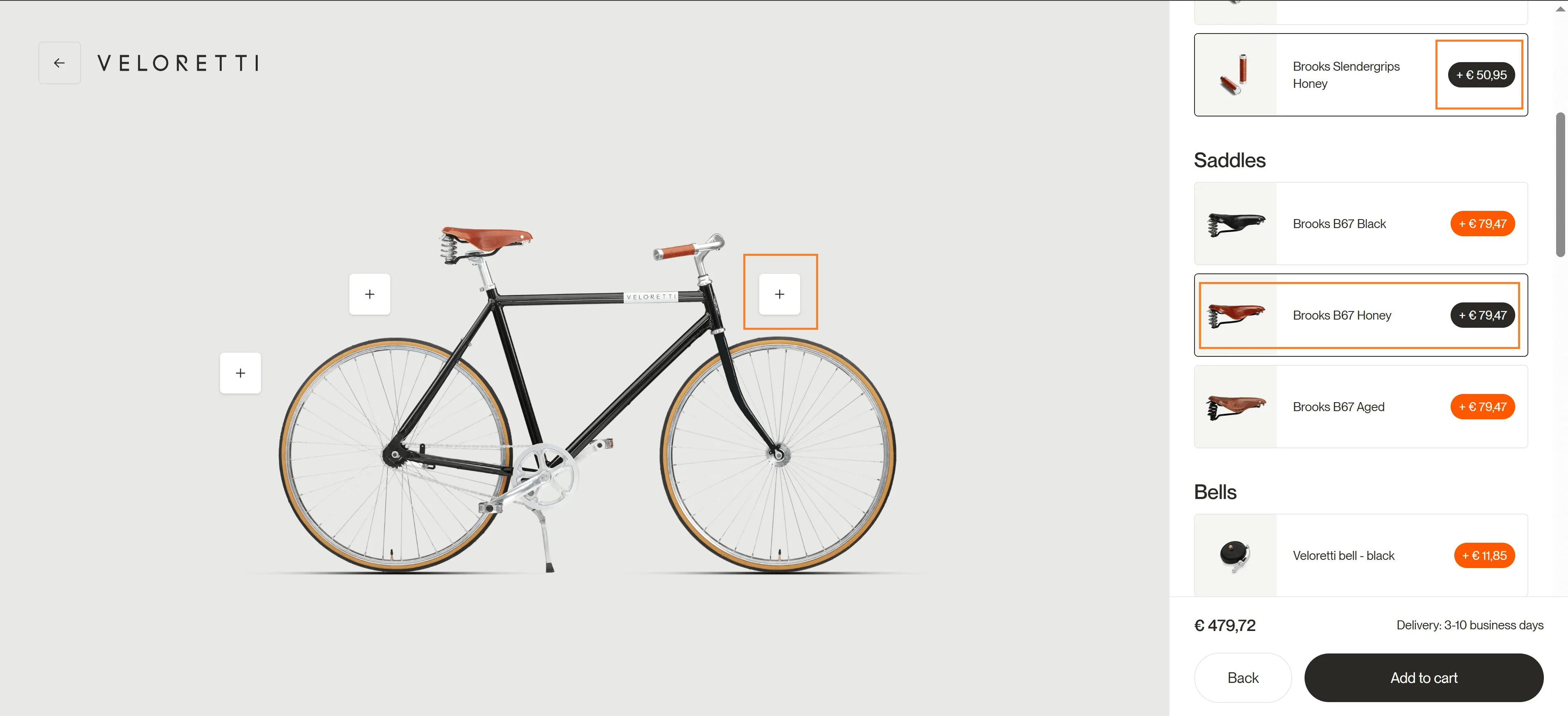 Veloretti accessories integrated into checkout as cross-sells, solving friction with relevant add-ons like grips and locks.