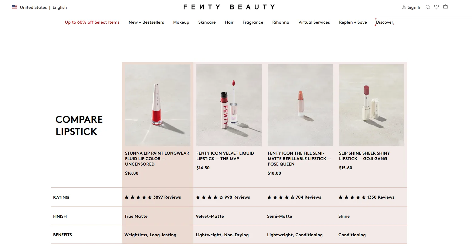 Fenty beauty product comparison example