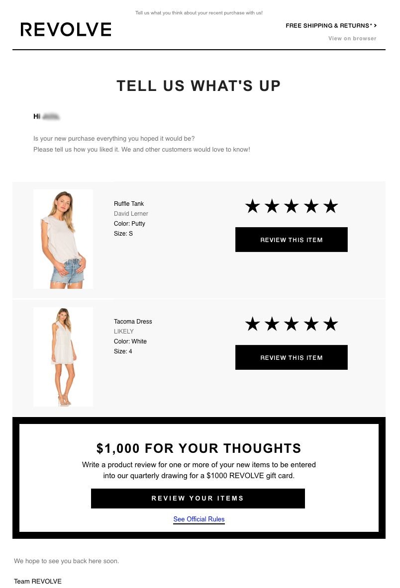 Revolve post purchase email incentivizing reviews for higher conversions