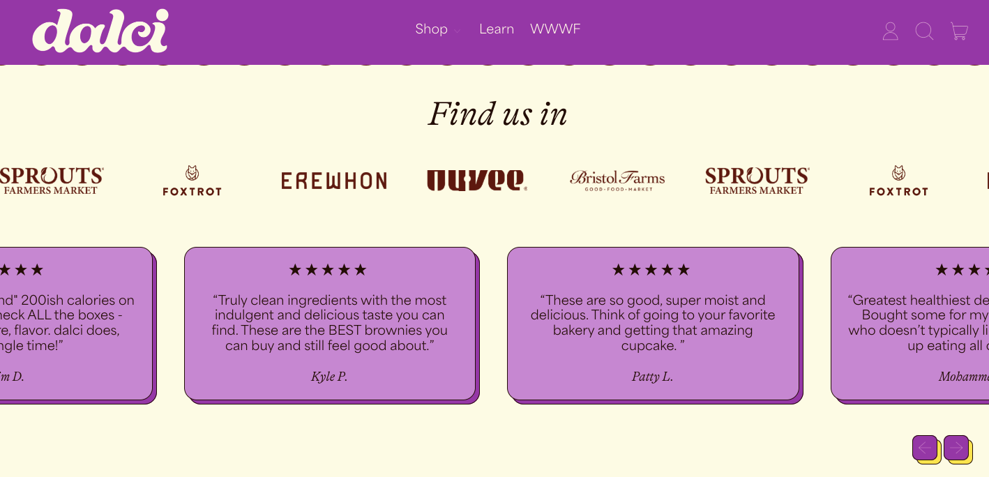 Dalci shows a mix of social proof on the homepage to increase eCommerce conversions