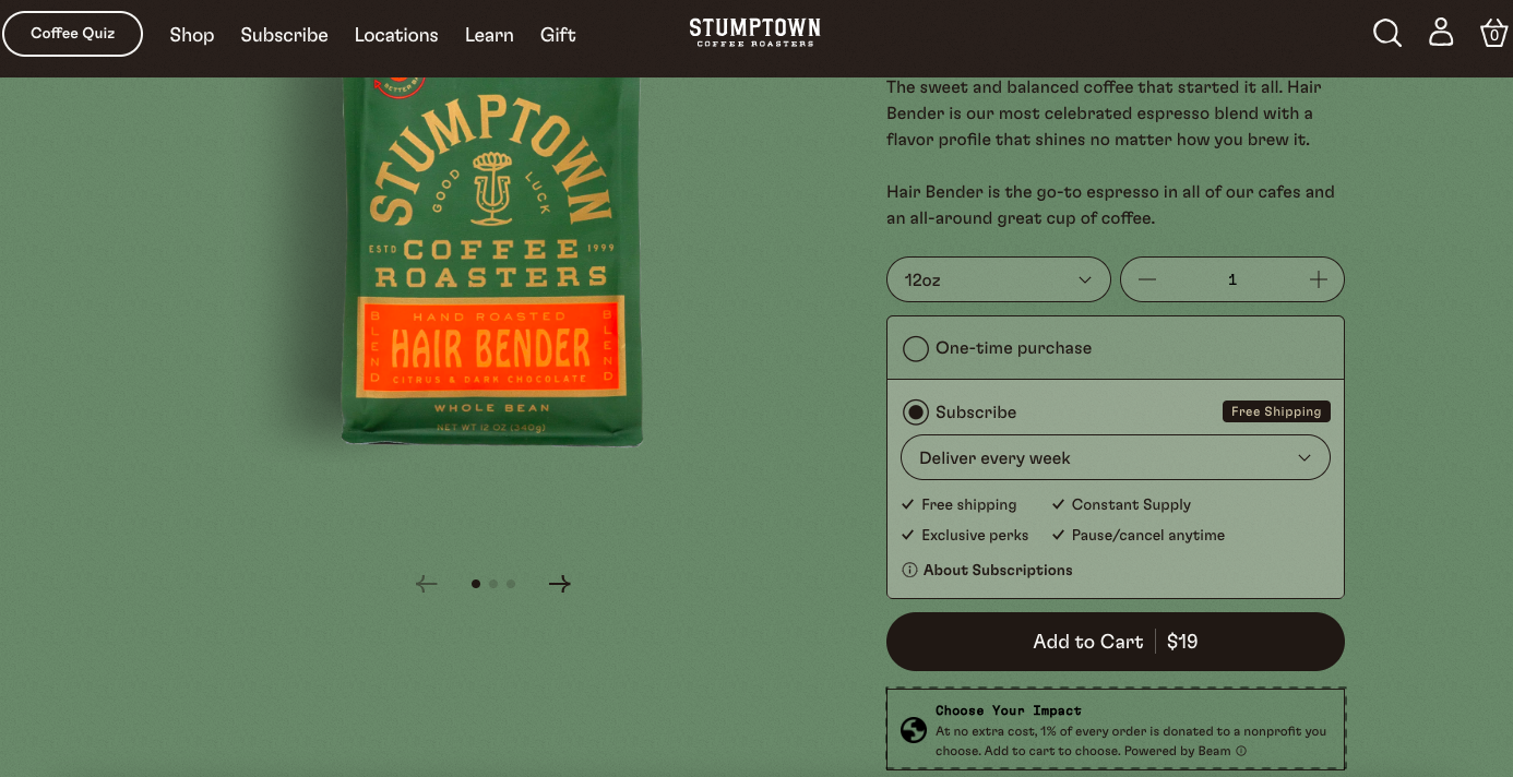 Stumptown Coffee lets shoppers pick a cause on the product page to improve add to cart rate