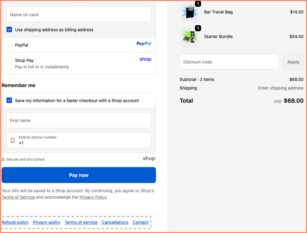 Modern Mammals checkout page design includes a link to cancellations