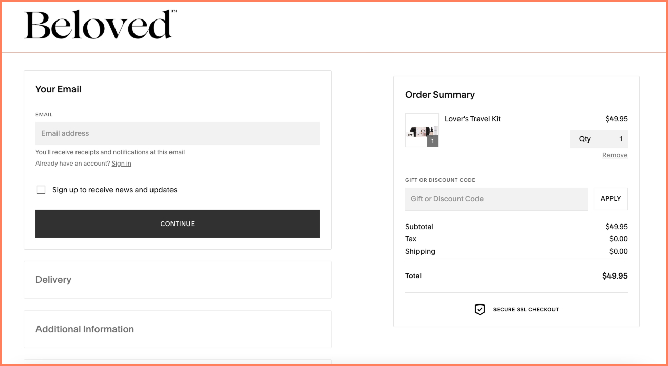 Beloved uses an eCommerce checkout design flow where sections progressively open