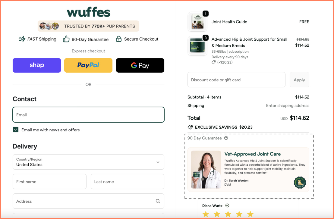 Wuffes shows authoritative social proof to get more conversions from its checkout design template