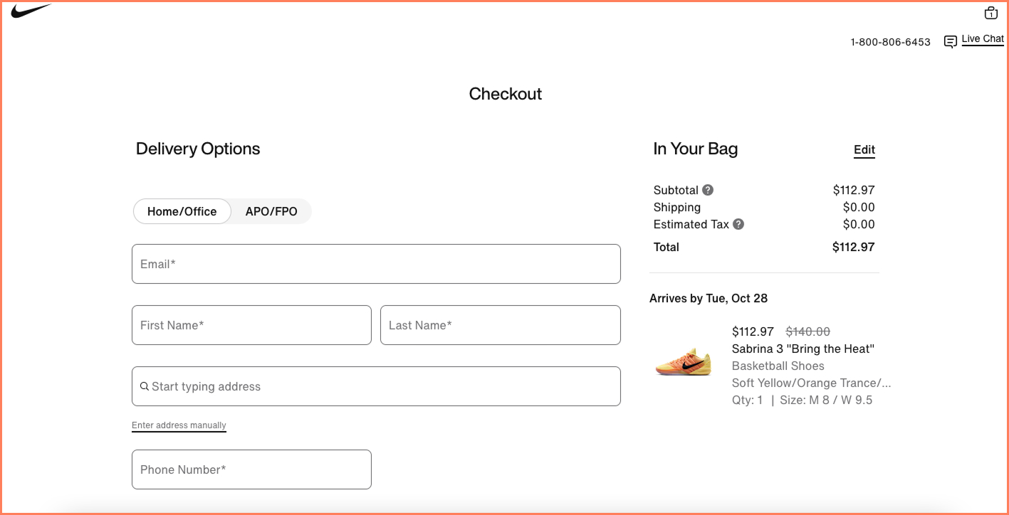 Nike shows a non intrusive live chat button in its eCommerce checkout page design